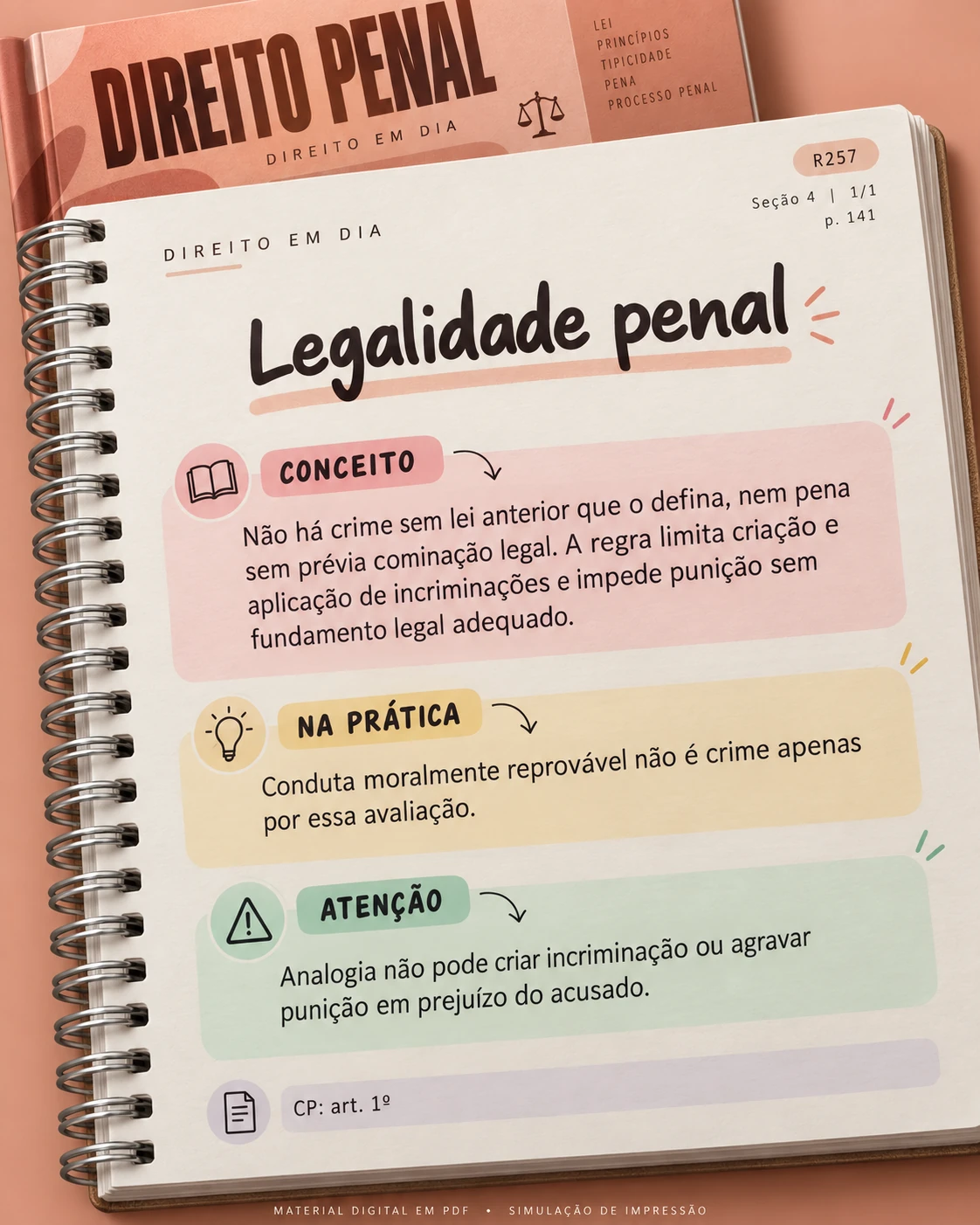 Mockup de impressão do material digital Direito em Dia — Direito Penal
