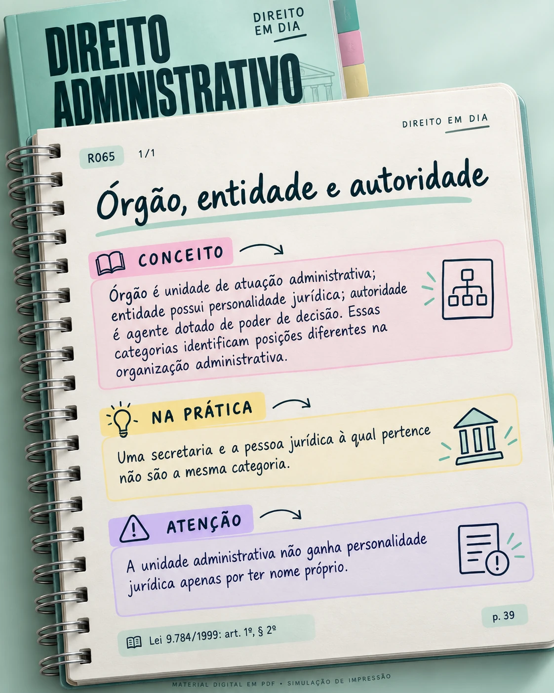 Mockup de impressão do material digital Direito em Dia — Direito Administrativo