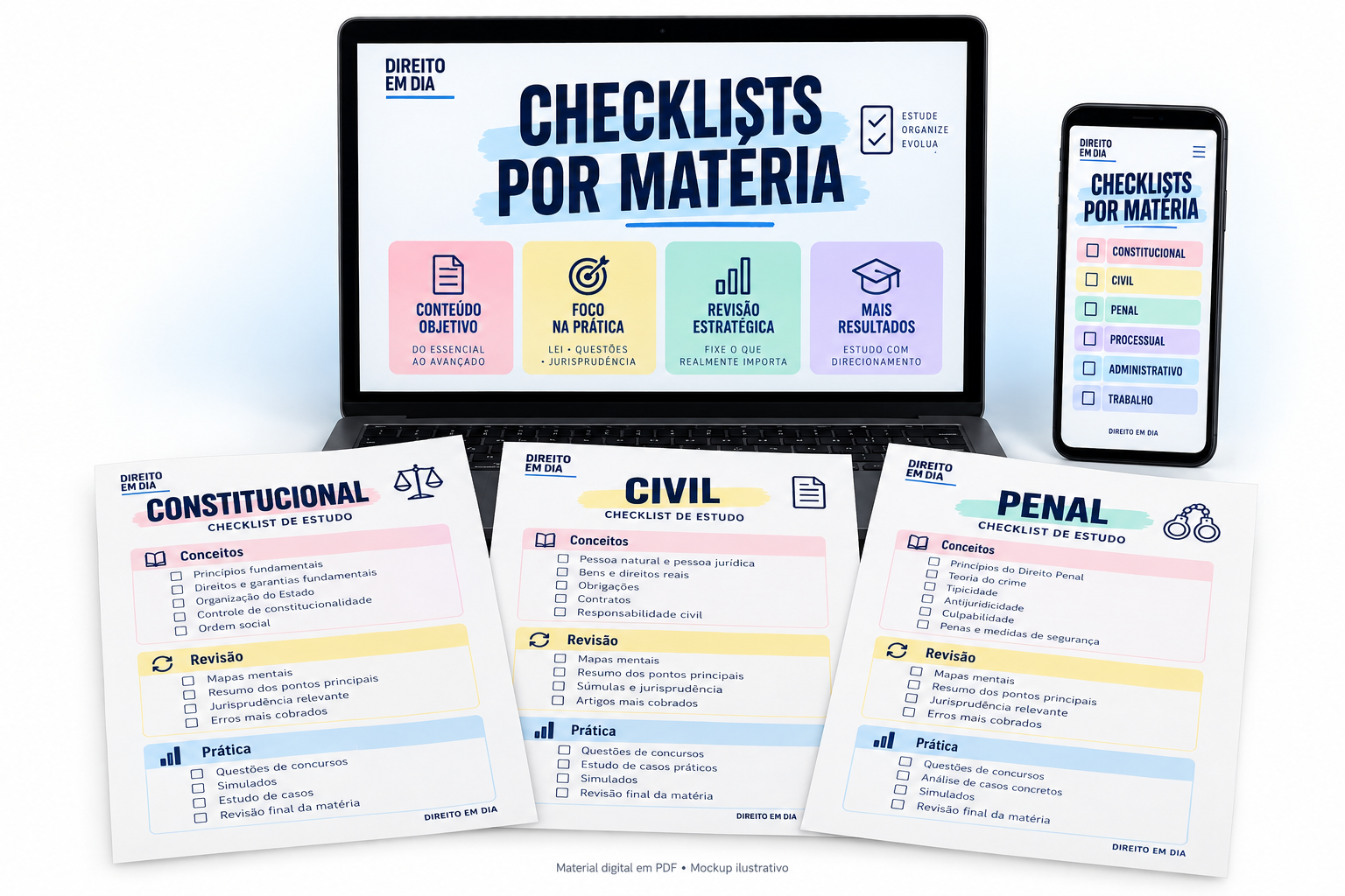 Mockup ilustrativo do Checklists por matéria