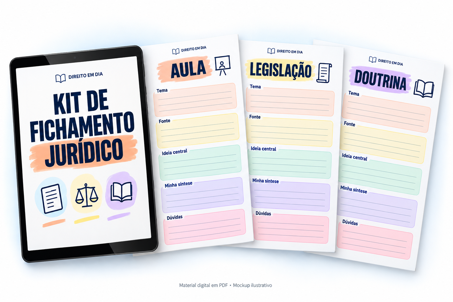 Mockup ilustrativo do Kit de Fichamento Jurídico