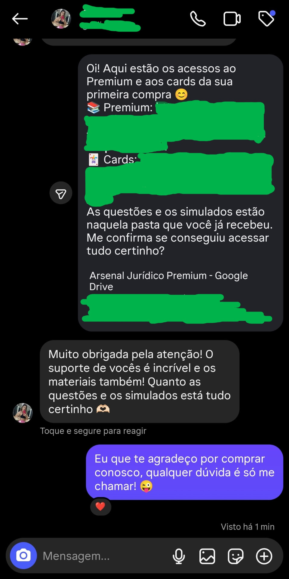 Avaliação de cliente enviada por mensagem no Instagram