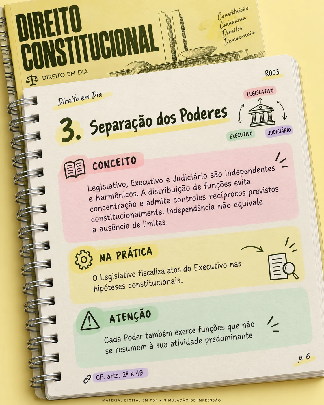 Mockup de impressão do material digital Direito em Dia — Direito Constitucional — amostra 2