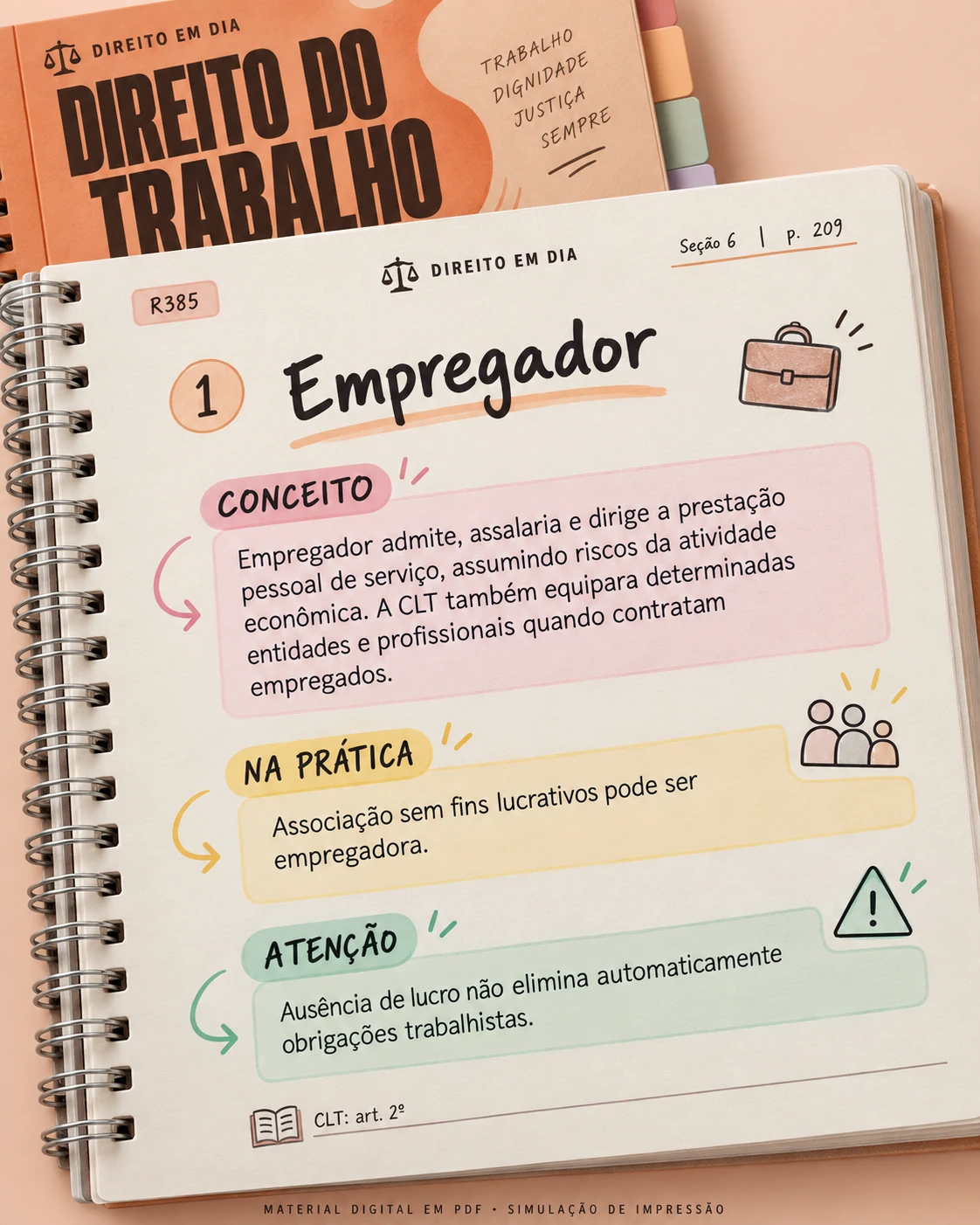 Mockup de impressão do material digital Direito em Dia — Direito do Trabalho