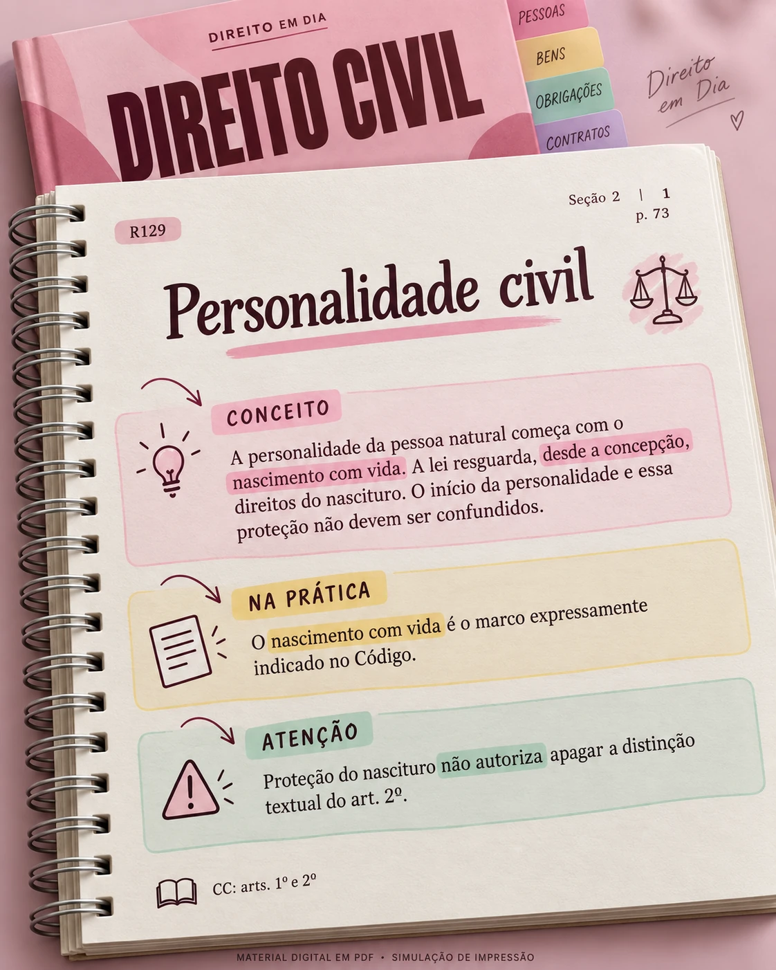 Mockup de impressão do material digital Direito em Dia — Direito Civil