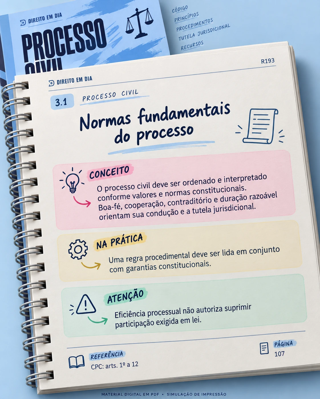 Mockup de impressão do material digital Direito em Dia — Processo Civil