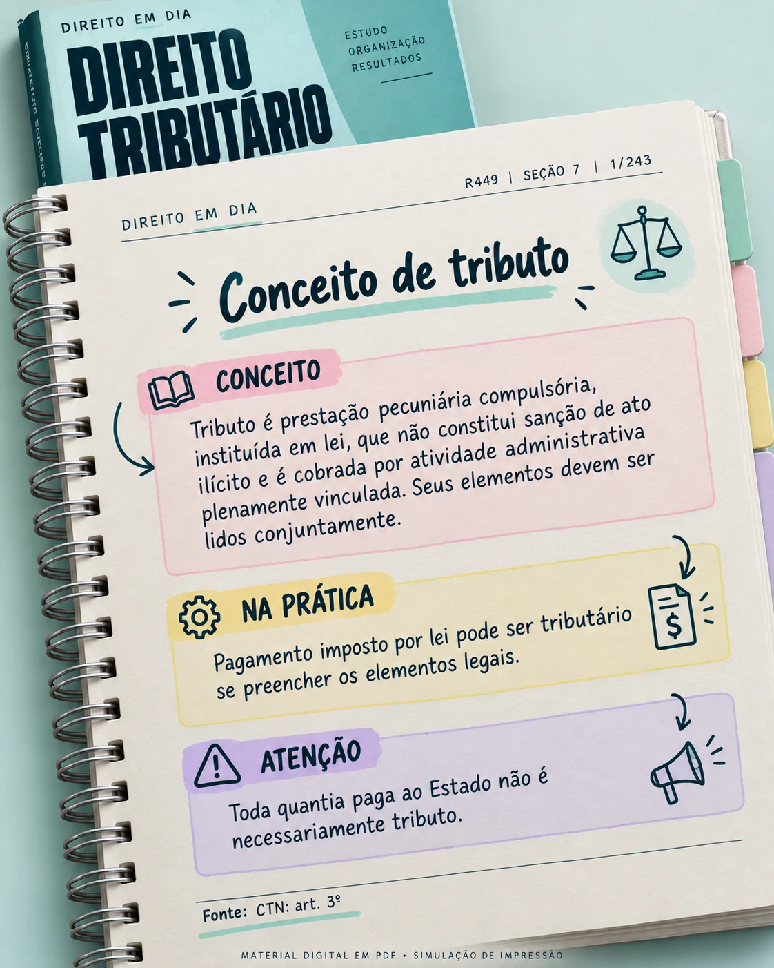Mockup de impressão do material digital Direito em Dia — Direito Tributário